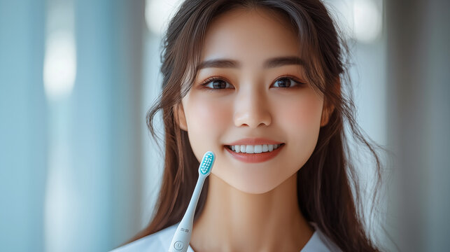 beautiful young asian woman smile with toothbrush in dental clinic