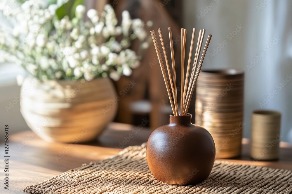 Poster decorative vase with reed sticks and natural elements on display in a cozy indoor setting during day
