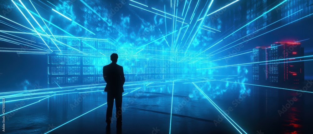 Poster business professional standing in front of futuristic data visualization in a high-tech environment 