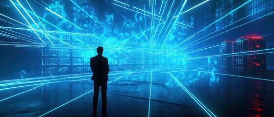 Business professional standing in front of futuristic data visualization in a high-tech environment with blue light and information technology graphics.