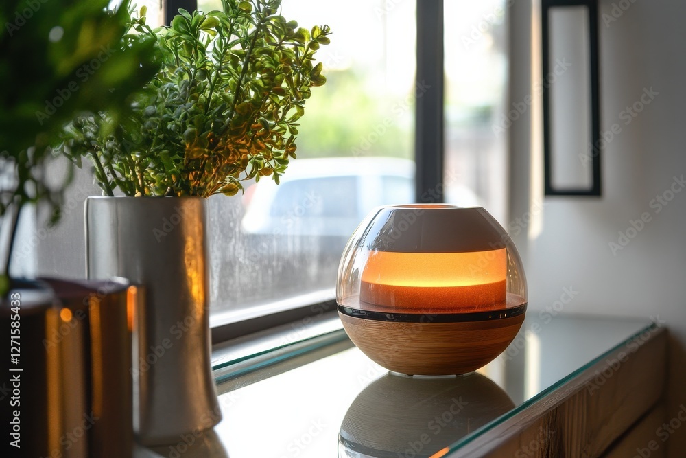 Poster decorative lamp with warm glow illuminating a modern living space near a window in the afternoon