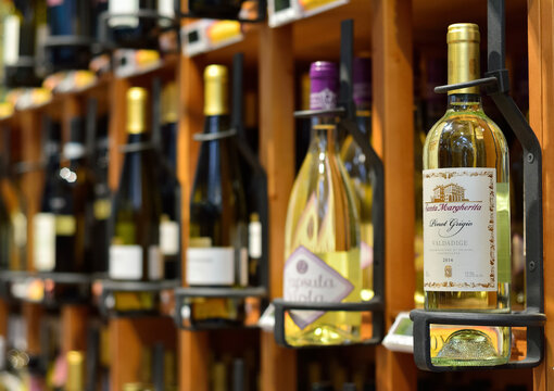 White wine bottles, Pinot grigio, Italy, September 25, 2017	