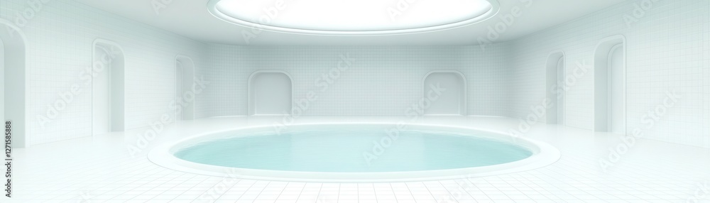 Poster a minimalistic, serene space features a circular pool surrounded by white walls and soft lighting, c