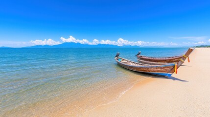 Fototapeta premium Serene Beach Scene with Traditional Boats Under Clear Blue Sky