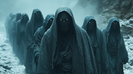 group of ancient hooded figures stands in circle their eyes glowing faintly. Each figure represents fundamental force emanating both wisdom and menace as they watch world.