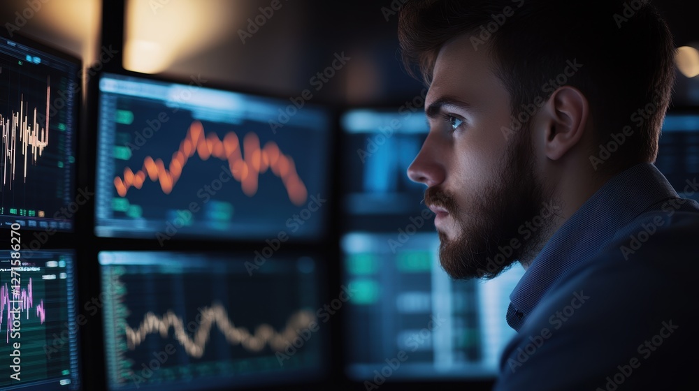 Poster businessman analyzing financial data on multiple screens in modern office environment with graphs an