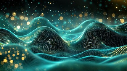 Abstract teal and gold wavy digital landscape with sparkling background