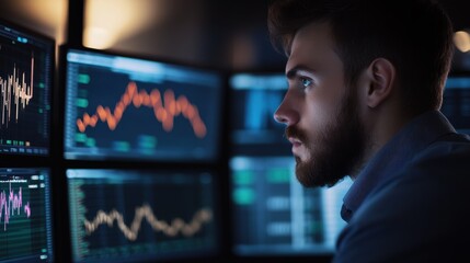 Fototapeta premium Businessman Analyzing Financial Data on Multiple Screens in Modern Office Environment with Graphs and Charts