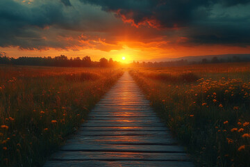 Fototapeta premium Sunset Path Across the Meadow, Where the horizon blazes with glory