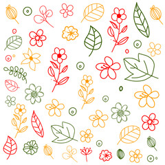 Abstract colorful flower line drawing set. Cute art style floral doodle collection, hand drawn basic nature shapes