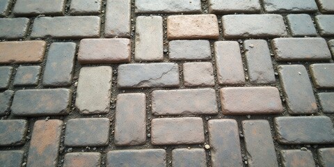 Obraz premium A Detailed Close-Up View of a Brick Pavement Featuring a Herringbone Pattern and Subtle Color Variations in the Paving Stones