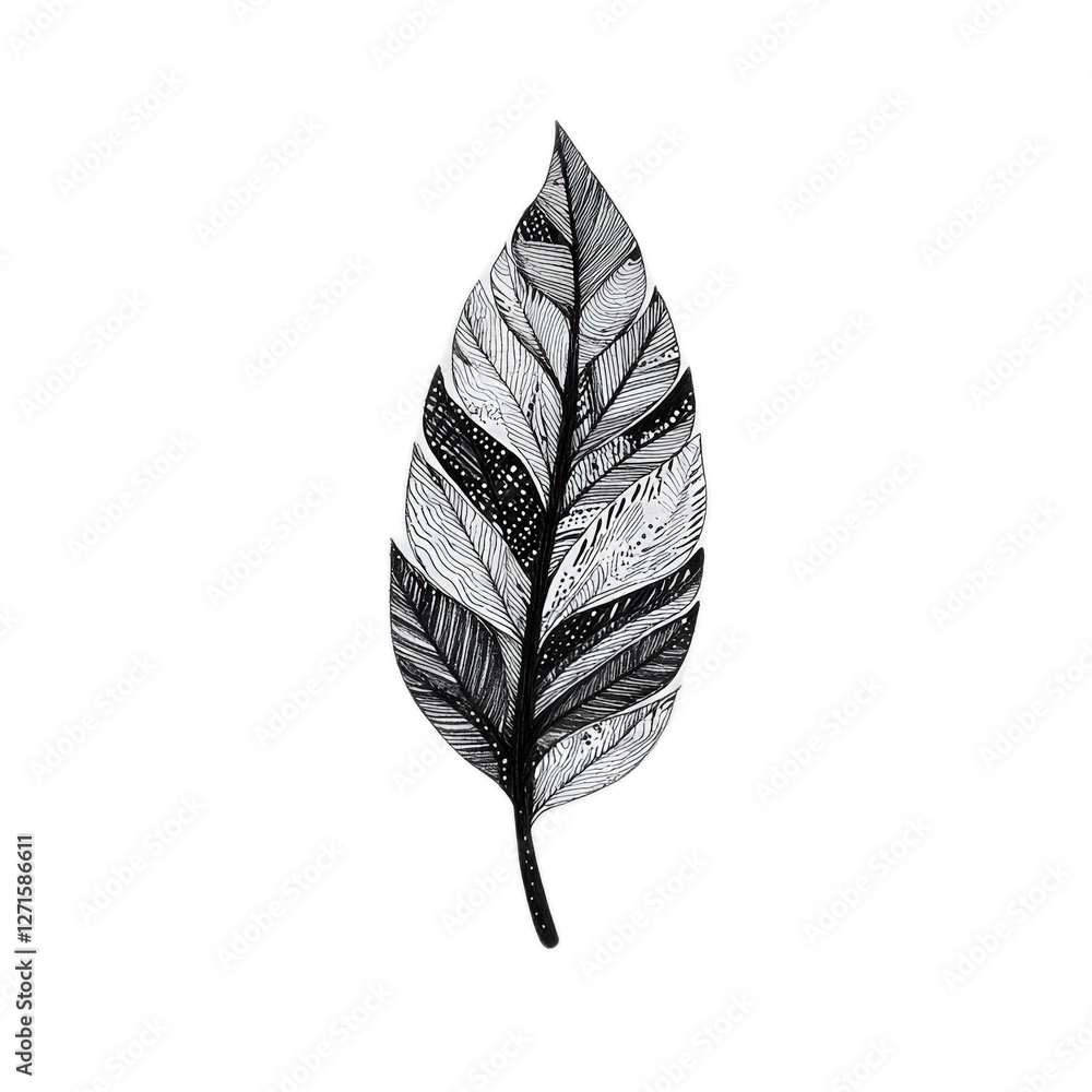 Poster hand-drawn leaf illustration in black and white with intricate patterns and fine details for art and