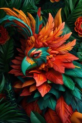 Obraz premium A vibrant and colorful bird sculpture surrounded by lush leaves and flowers.
