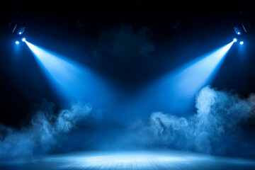 Illuminated stage with scenic blue lights and smoke. Royalty high-quality free best stock image of abstract empty stage with colorful spotlights, display or montage your products 