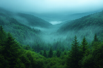 Obraz premium Ethereal Forest Canopy, A Misty Valley Vista in Emerald Hues