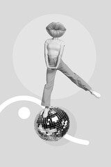 Creative artwork photo collage of young careless dancing woman wear summer outfit head lips flirt...