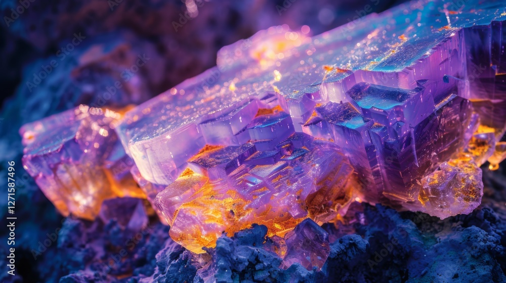 Aufkleber A cluster of translucent purple and orange crystals glows softly, showcasing intricate patterns and layers in a natural environment during the evening.