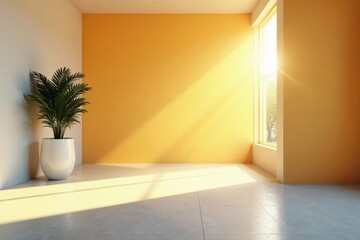 Bright Sunlight Illuminates a Minimalist Room with a Potted Plant