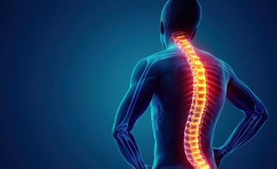3D Medical Illustration of Human Spine with Glowing Pain Effect Highlighting Back Pain and Posture Issues