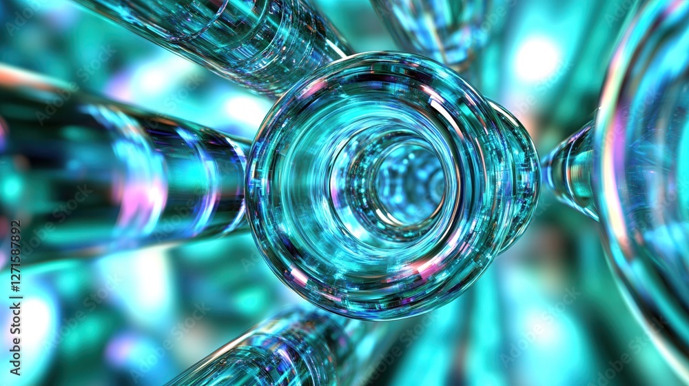 Poster a mesmerizing abstract image featuring translucent, circular elements in shades of blue and turquois