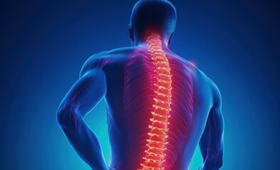 3D Medical Illustration of Human Spine with Glowing Pain Effect Highlighting Back Pain and Posture Issues