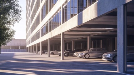 Fototapeta premium Modern Concrete Parking Garage Underneath a Stunning Office Building