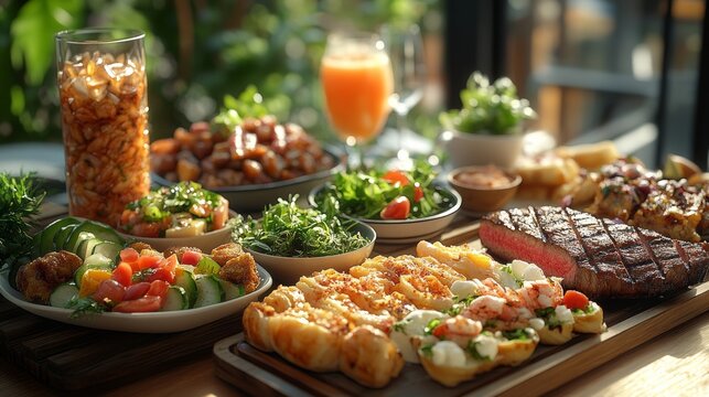 Delicious gourmet meal with grilled steak, seafood, salads, and drinks.