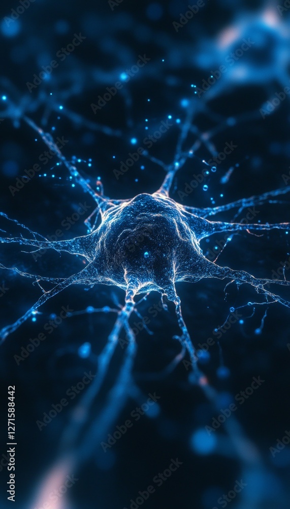 Aufkleber blue neural network abstract design with bright connections and defocused glows on dark canvas