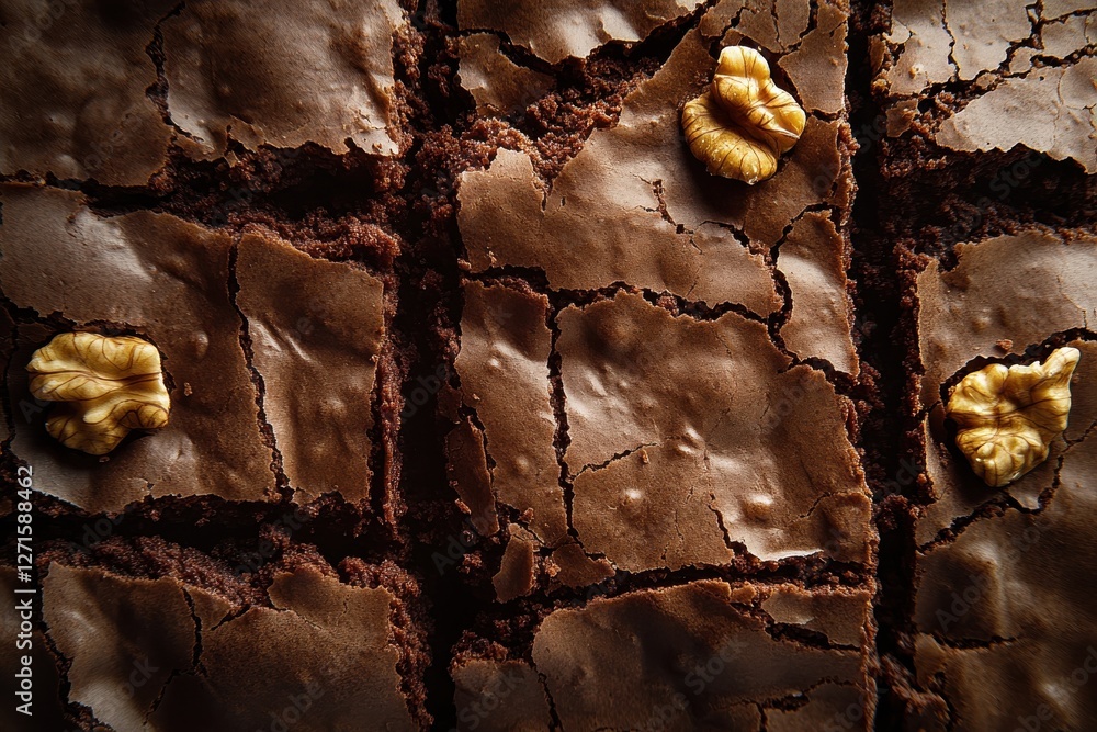 Poster deliciously fudgy brownies topped with walnut pieces displayed on a rustic wooden surface
