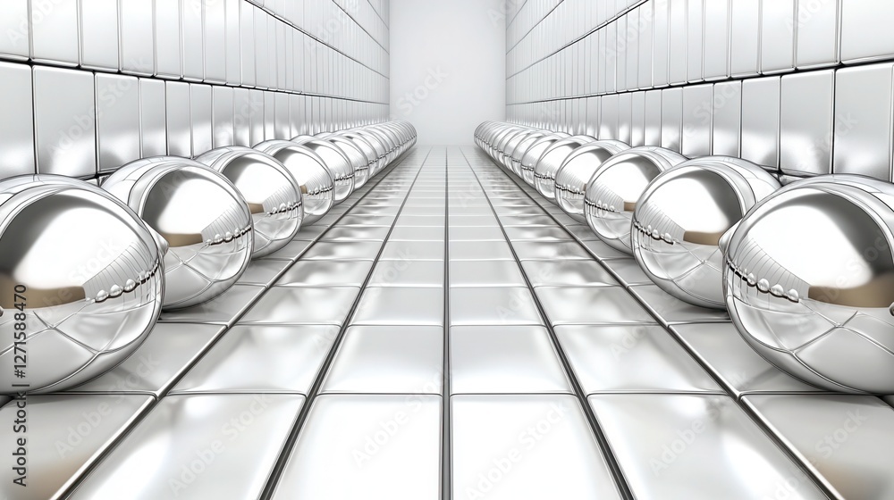 Poster a futuristic corridor lined with shiny silver spheres, reflecting light and creating a sense of dept