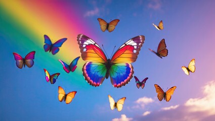 A vibrant display of colorful butterflies flying against a serene sky with a rainbow in the background, creating a magical atmosphere