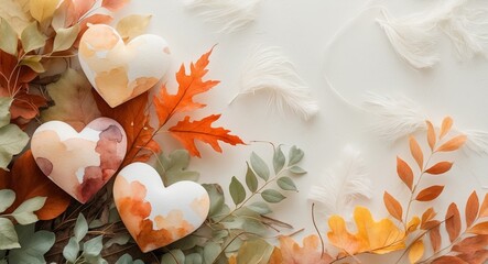 Watercolor Hearts with Autumnal Foliage for Thanksgiving Greetings