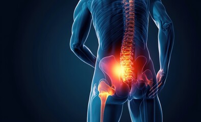 3D Medical Illustration of Human Spine with Glowing Pain Highlight in Lower Back and Pelvis