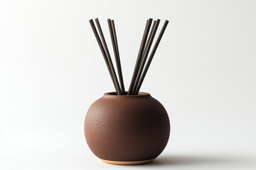 Minimalist ceramic vase with dark wooden chopsticks arranged thoughtfully for a stylish display in a bright setting