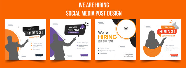 Join our team banners. We are hiring communication poster, help wanted advertising banner with speaker and vacant badge. Hr recruiting hire, vacancy job offer isolated vector signs set