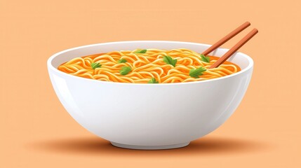 Bowl of Noodles with Chopsticks and Green Herbs on Orange Background