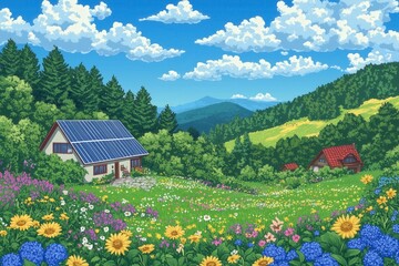 Fototapeta premium Colorful Blooming Landscape with Solar Panels and Charming Homes Under Blue Sky