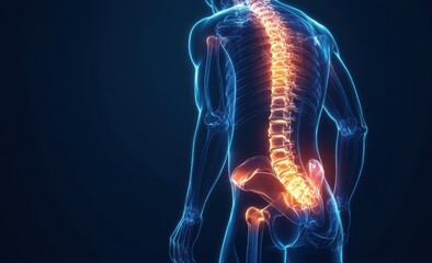 3D Medical Illustration of Human Spine with Glowing Pain Effect Highlighting Back Pain and Posture Issues