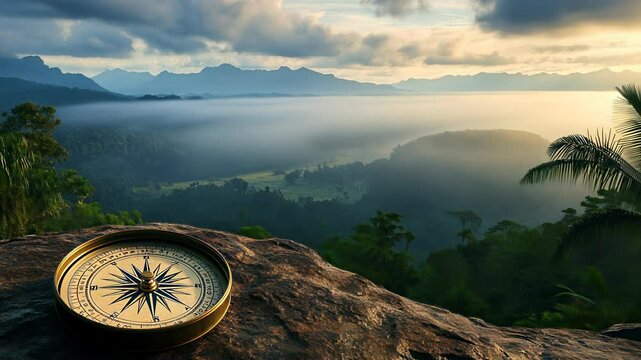 Exploring a breathtaking landscape with a compass at sunset in a lush jungle setting