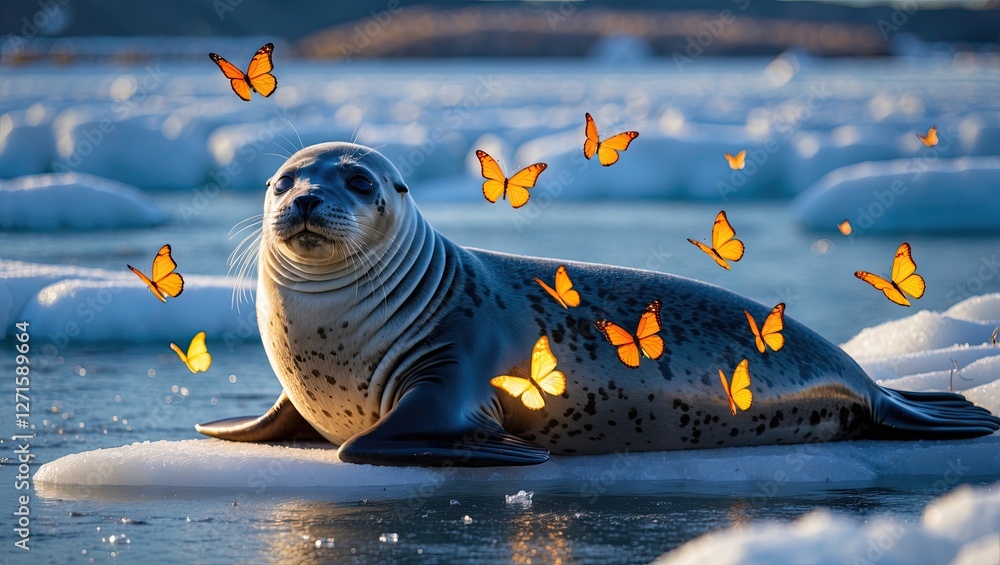 Poster a serene seal resting on an icy surface with colorful butterflies fluttering around it, creating a p