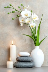 Serene still life featuring white orchids, smooth stones, and candles, creating a peaceful atmosphere for relaxation and mindfulness.