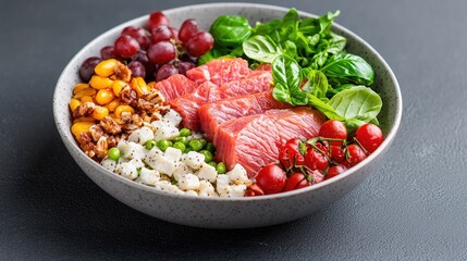 Healthy salmon salad bowl with grapes, corn, and greens