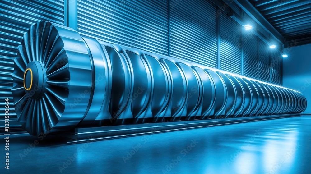 Poster a sleek turbine component displayed in a dimly lit industrial environment, showcasing intricate desi