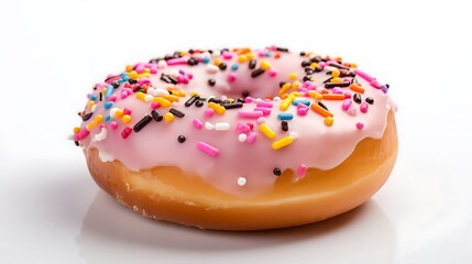 Pink donut with sprinkles on white background, food photography for recipe or menu.
