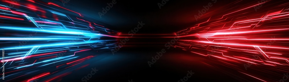 Poster a dynamic visual of blue and red light streaks converging from opposite sides against a dark backdro