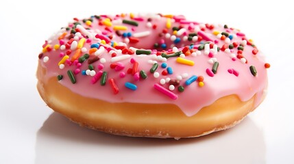 Pink donut with sprinkles, studio shot, food photography, sweet treat.