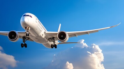 Naklejka premium Airplane smoothly descends through vibrant blue sky puffy clouds. AI Generated
