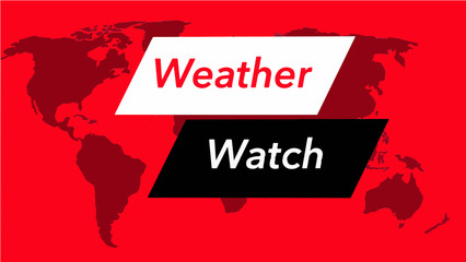 Weather watch banner. A television weather banner, known as an “over the shoulder”  is seen with a map of the world showing the United States. Colors are red, black and this is a vector graphic .


