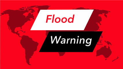 Flood warning. A television weather banner, known as an “over the shoulder”  is seen with a map of the world showing the United States. Colors are red, black and this is a vector graphic .


