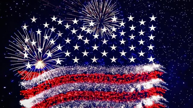 Glowing american flag waving against night sky, illuminating dark backdrop with slow motion fireworks bursting in dazzling display of national pride and independence celebration